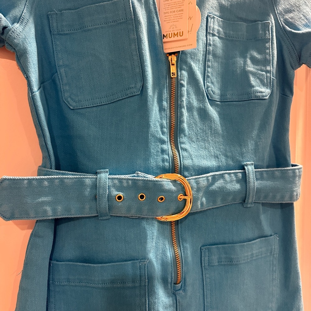 Blue Zip-Up Dress with Belt. Show me your MUMU - Picture 3 of 3